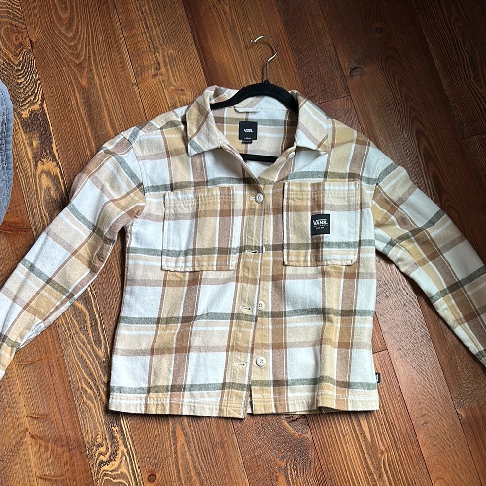 Vans Plaid Button-Up Shacket in Cream & Tan